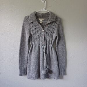 Kaisely Gray Wool Blend Knit Pom Pom Tie Waist Alpaca Sweater